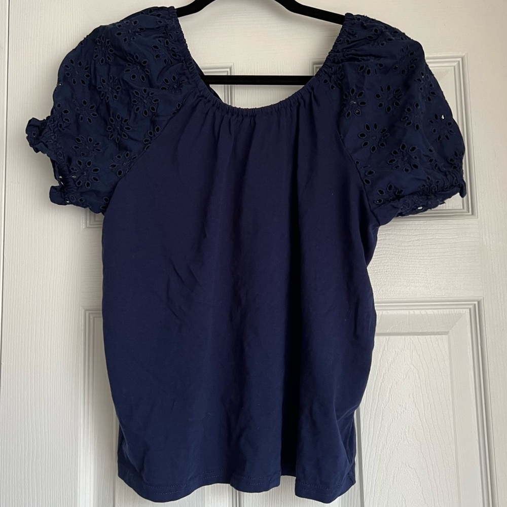 J.Crew Factory Blue Eyelet Sleeve Top Medium Bow Back Cotton